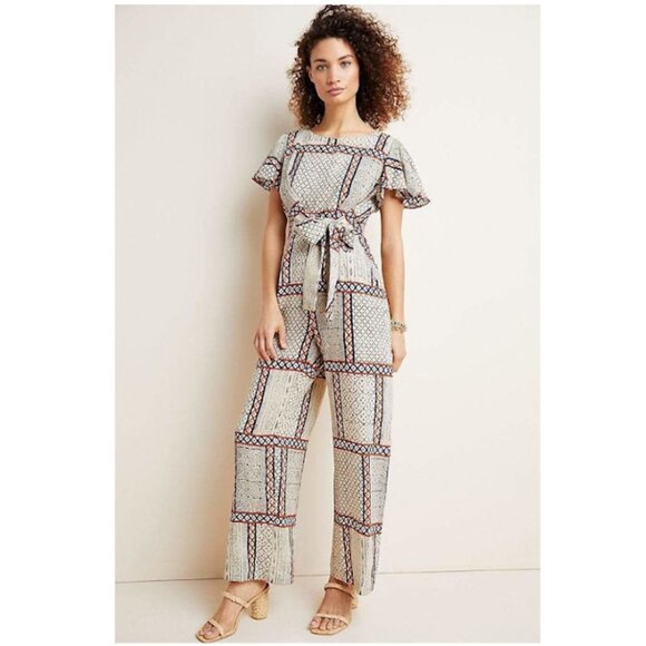 Anthropologie Eva Franco Letizia Short Flutter Sleeve Jumpsuit w/ Tie - Picture 2 of 5
